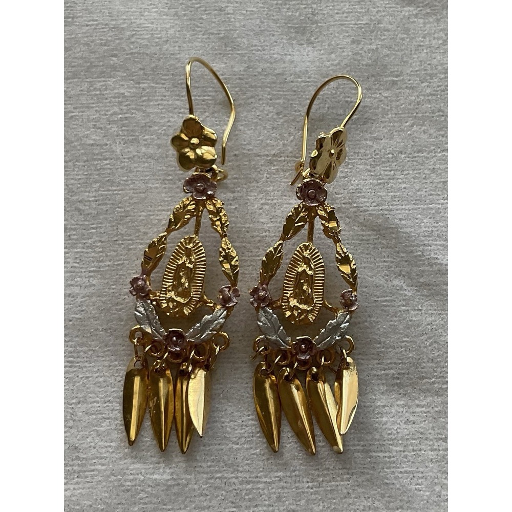 Vintage Virgin Mary dangle earrings Tri Tone Religious Spiritual Estate Jewelry